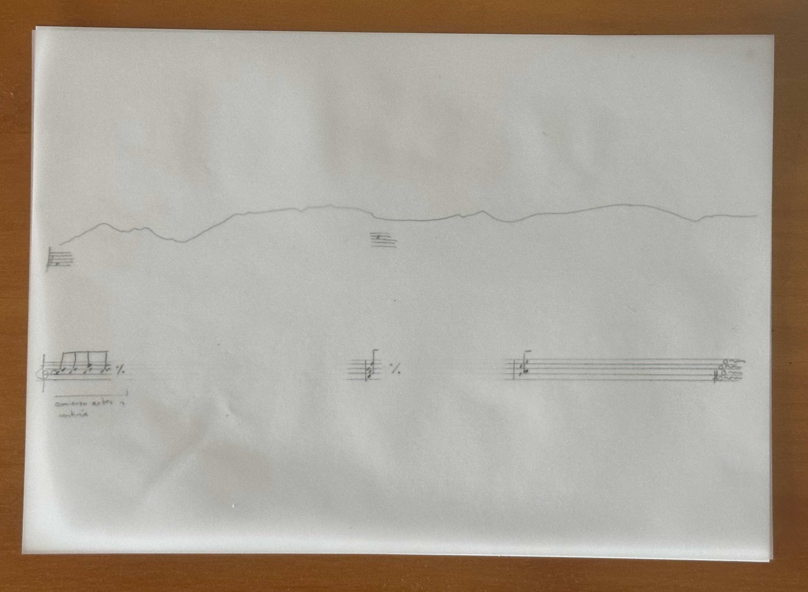 Score of the piece, with a drawing of a landscape and some handwritten notes
